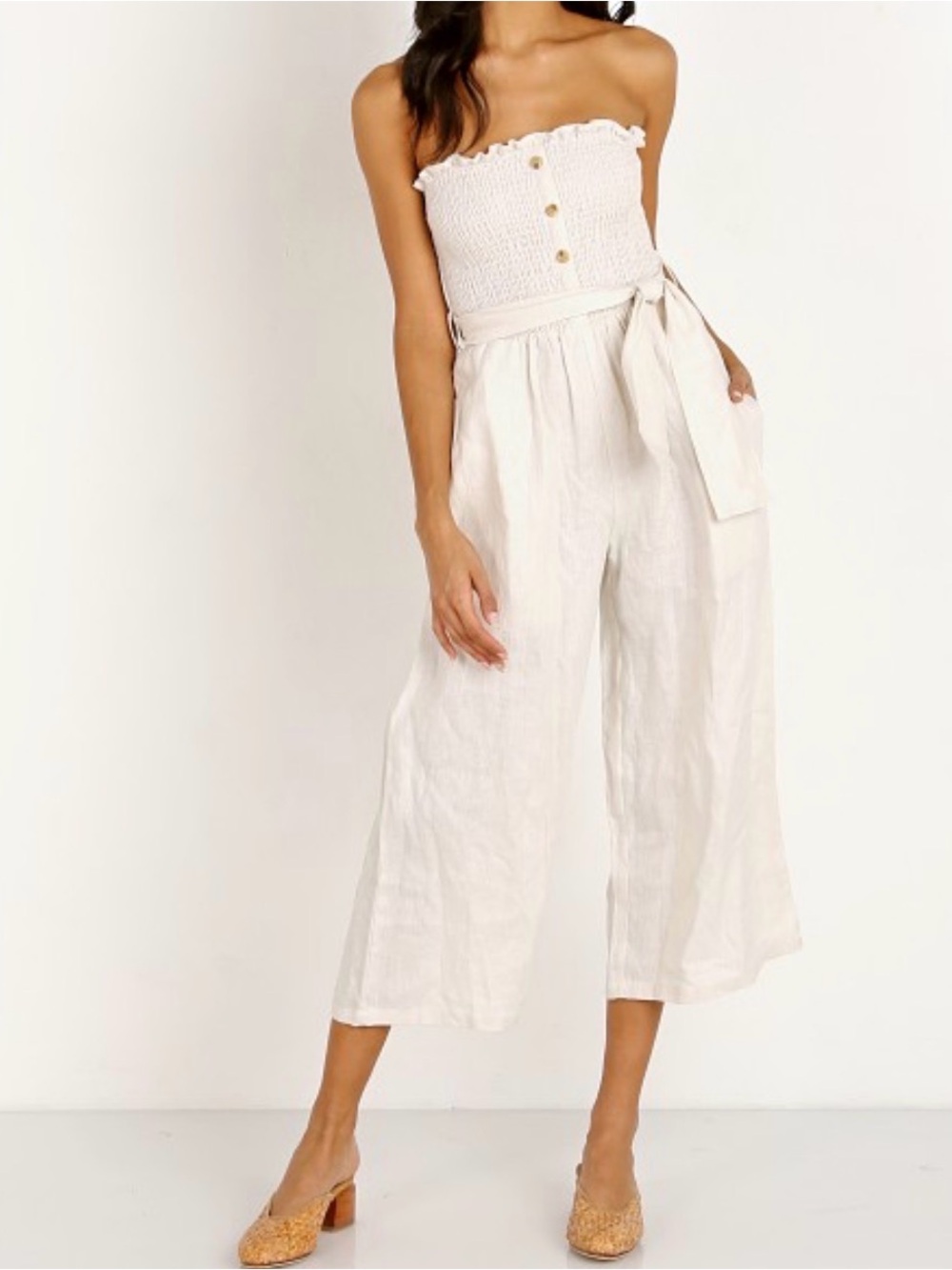 FAITHFULL THE Brand strapless Smocked Linen Jumpsuit in Cream